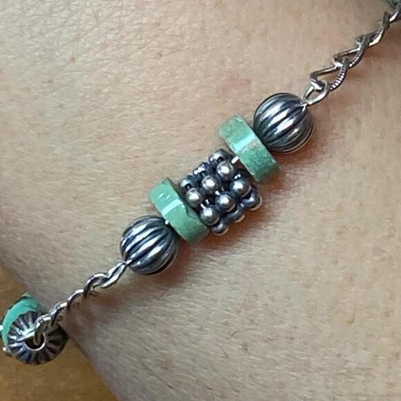 Carolyn Pollack Sterling Green Turquoise Disc Bead Decorated Link Bracelet - Picture 1 of 10